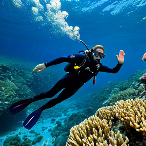 Home 11 A professional diver, fully clothed in a modest, dark blue full-body wetsuit, gracefully floats through thousands of warm, shimmering geothermal bubbles at Champagne Reef in Dominica. The crystal-clear, deep blue water surrounds vibrant, healthy coral formations and small, colorful tropical fish. The scene is illuminated by gentle natural light filtering from above, creating a magical, serene, and otherworldly ambiance. The diver exhibits perfect anatomy, correct proportions, and a natural pose, with well-formed hands and proper finger count. This is a safe for work, appropriate content, and family-friendly image.