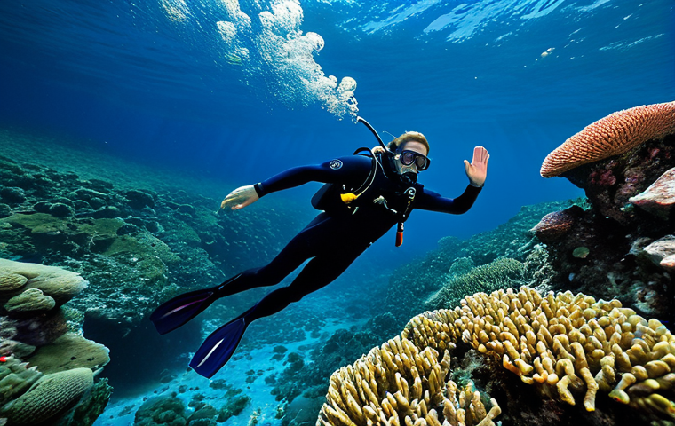 A professional diver, fully clothed in a modest, dark blue full-body wetsuit, gracefully floats through thousands of warm, shimmering geothermal bubbles at Champagne Reef in Dominica. The crystal-clear, deep blue water surrounds vibrant, healthy coral formations and small, colorful tropical fish. The scene is illuminated by gentle natural light filtering from above, creating a magical, serene, and otherworldly ambiance. The diver exhibits perfect anatomy, correct proportions, and a natural pose, with well-formed hands and proper finger count. This is a safe for work, appropriate content, and family-friendly image.