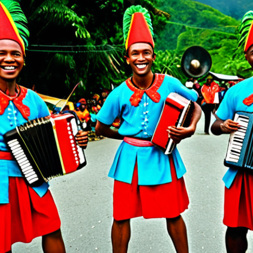 Home 6 **
"A vibrant celebration of Jing Ping music and dance in Dominica. Fully clothed dancers in traditional costumes perform in a lively outdoor setting, with musicians playing accordion, drums, and bumbo. The scene is filled with energy and joy. Safe for work, appropriate content, family-friendly, perfect anatomy, natural proportions, professional photography, high quality."
**