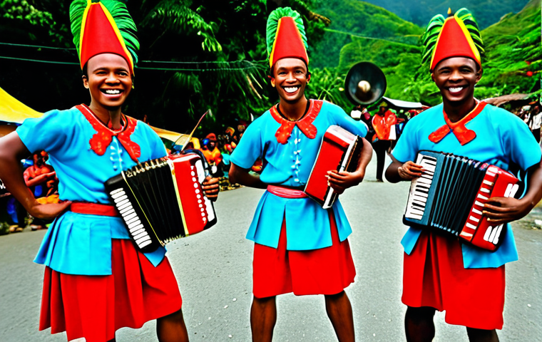**

"A vibrant celebration of Jing Ping music and dance in Dominica. Fully clothed dancers in traditional costumes perform in a lively outdoor setting, with musicians playing accordion, drums, and bumbo. The scene is filled with energy and joy. Safe for work, appropriate content, family-friendly, perfect anatomy, natural proportions, professional photography, high quality."

**