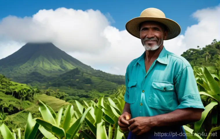 도미니카 연방 농업 및 수출품 - **A Resilient Dominican Farmer Amidst Lush Greenery**
    A vibrant, realistic image of a Dominican ...