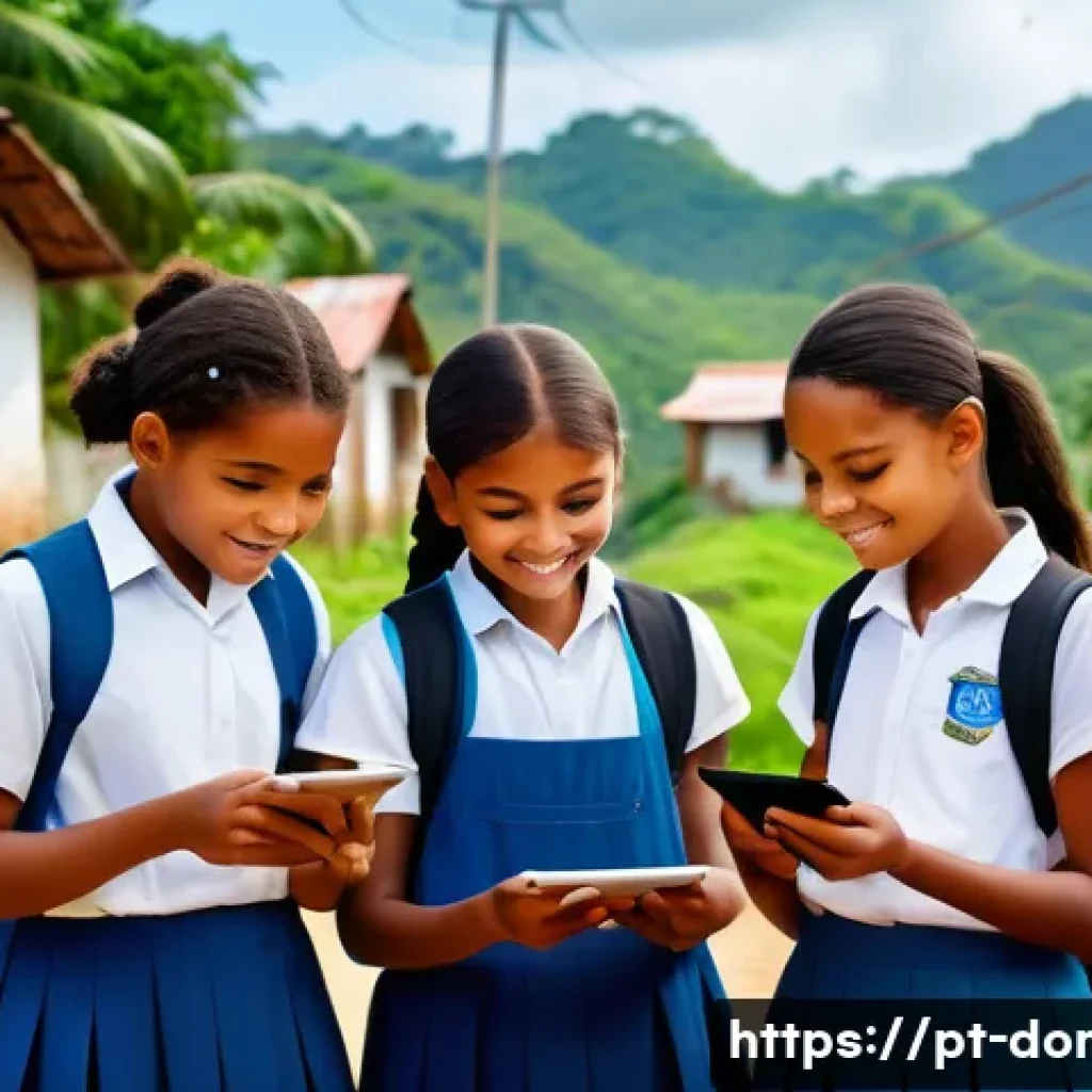 도미니카 연방의 인터넷 환경 - A vibrant rural Dominican village scene featuring diverse community members using digital devices su...