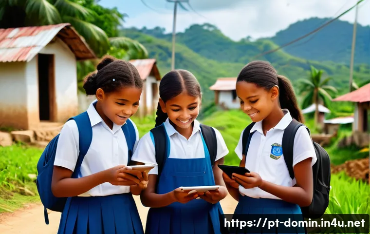 도미니카 연방의 인터넷 환경 - A vibrant rural Dominican village scene featuring diverse community members using digital devices su...