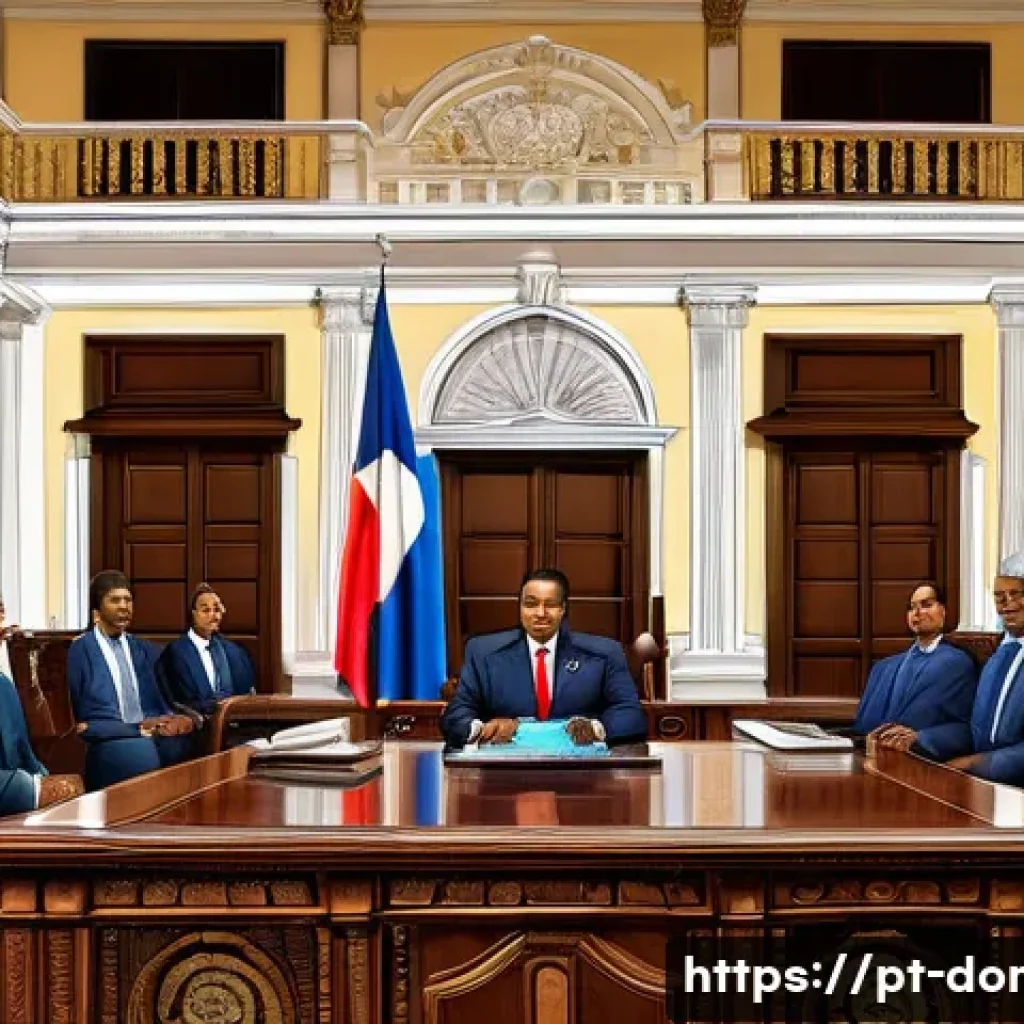 도미니카 연방 정부 구조 - A detailed illustration of the Dominican Republic’s presidential office interior: a stately room wit...