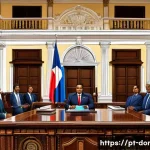 도미니카 연방 정부 구조 - A detailed illustration of the Dominican Republic’s presidential office interior: a stately room wit...