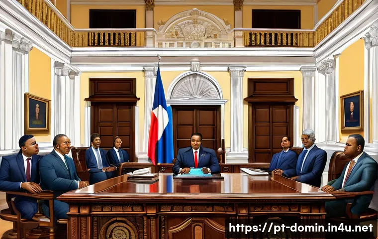 도미니카 연방 정부 구조 - A detailed illustration of the Dominican Republic’s presidential office interior: a stately room wit...