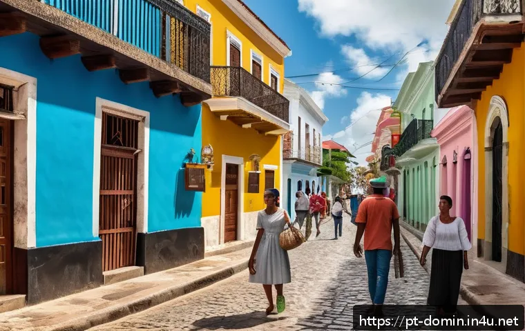 도미니카 연방 배낭여행 가이드 - A vibrant street scene in the Colonial Zone of Santo Domingo, showcasing well-preserved colonial arc...