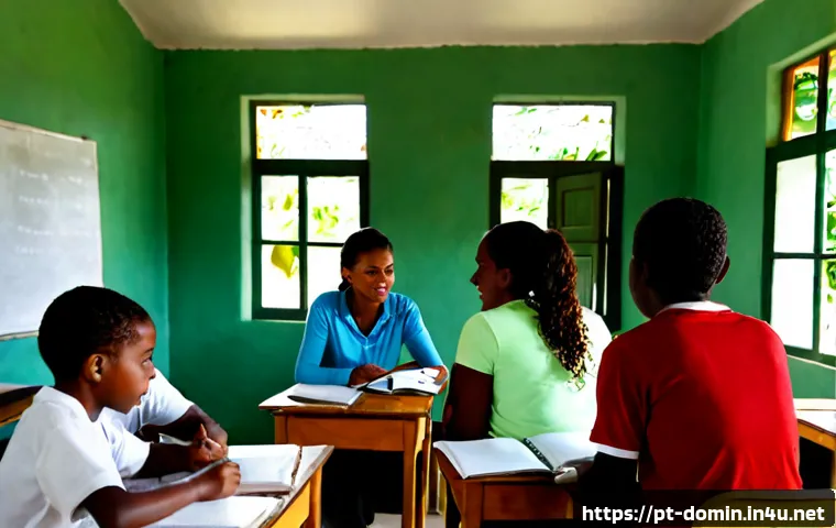 도미니카 연방에서 사용하는 언어 - Photorealistic Caribbean classroom in Dominica, warm morning sunlight through open windows, friendly...